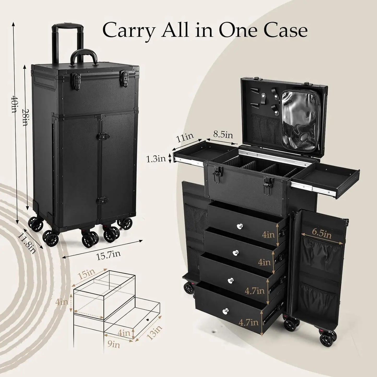 Professional Rolling Makeup Case 4 Drawers Artist Cosmetic Train Case Hairstylist Travel Case Portable Station