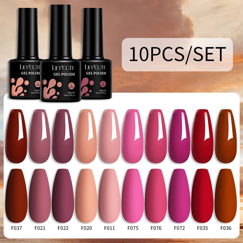 LILYCUTE 10PCS/Set Набір гель-лаків для нігтів Рожевий фіолетовий гель для нігтів Напівперманентний УФ світлодіодний лак Nail Art Design Soak Off Набір гелів для нігтів