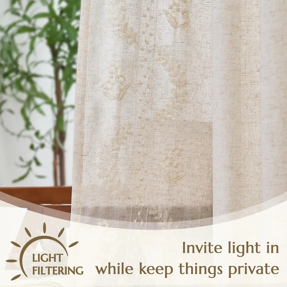 JINCHAN 2PCS Farmhouse Flower Embroidered Curtains Living Room Bedroom Light Filtering Linen Blend Window Curtain Boho Drapes