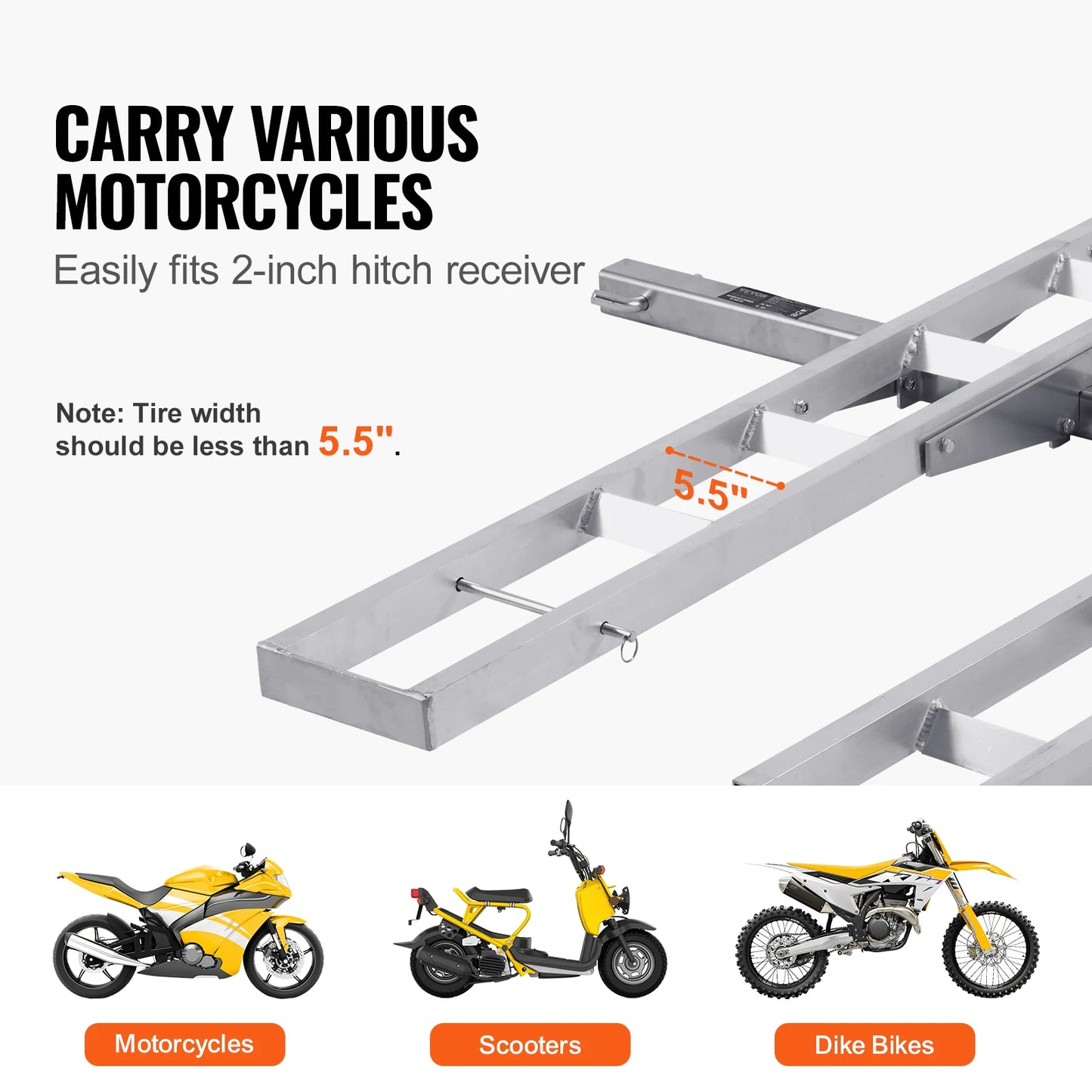 VEVOR Motorcycle Carrier, 2-Bike 600 LBS Aluminum Motorcycle Carrier Hitch Mount, Loading Ramp, Scooter Dirt Bike Trailer Hauler