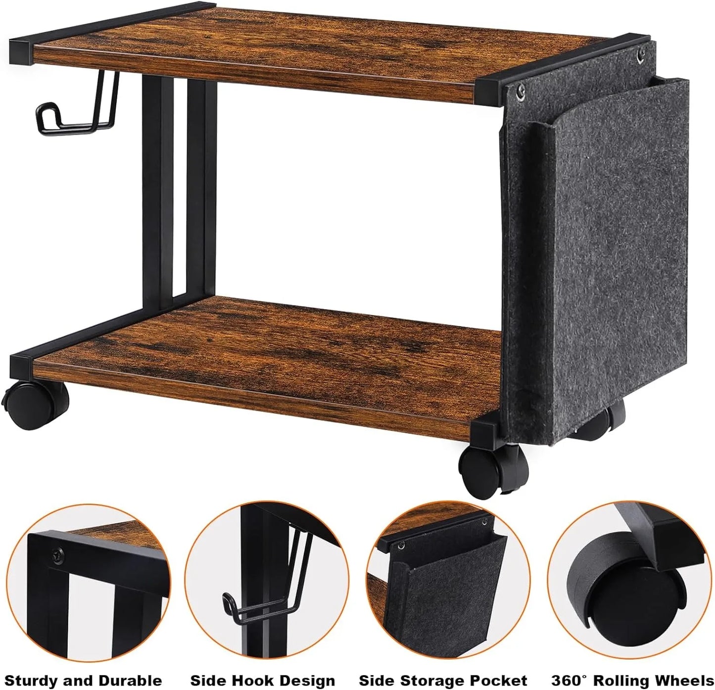 Printer Stand with Storage Bag Under Desk Printer Table on Wheels 2 Tier Small Desktop Rolling Stand Shelf (Brown)
