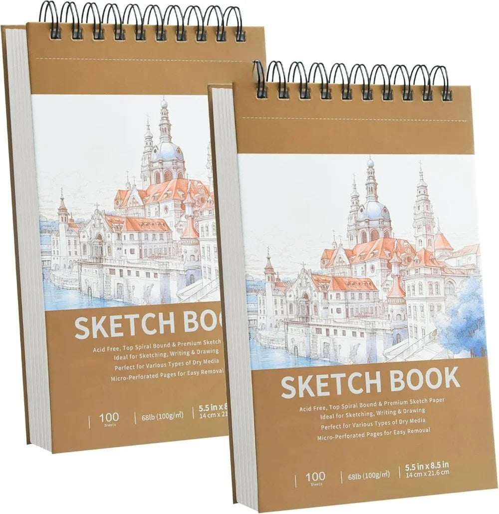 5.5" x 8.5" Sketchbook, Top Spiral Bound Sketchbook, 100 sheets of 68lb/100gsm drawing paper each, 2 packs