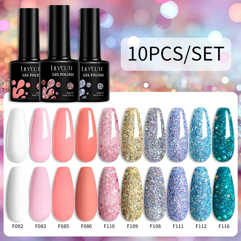 LILYCUTE 10PCS/Set Набір гель-лаків для нігтів Рожевий фіолетовий гель для нігтів Напівперманентний УФ світлодіодний лак Nail Art Design Soak Off Набір гелів для нігтів