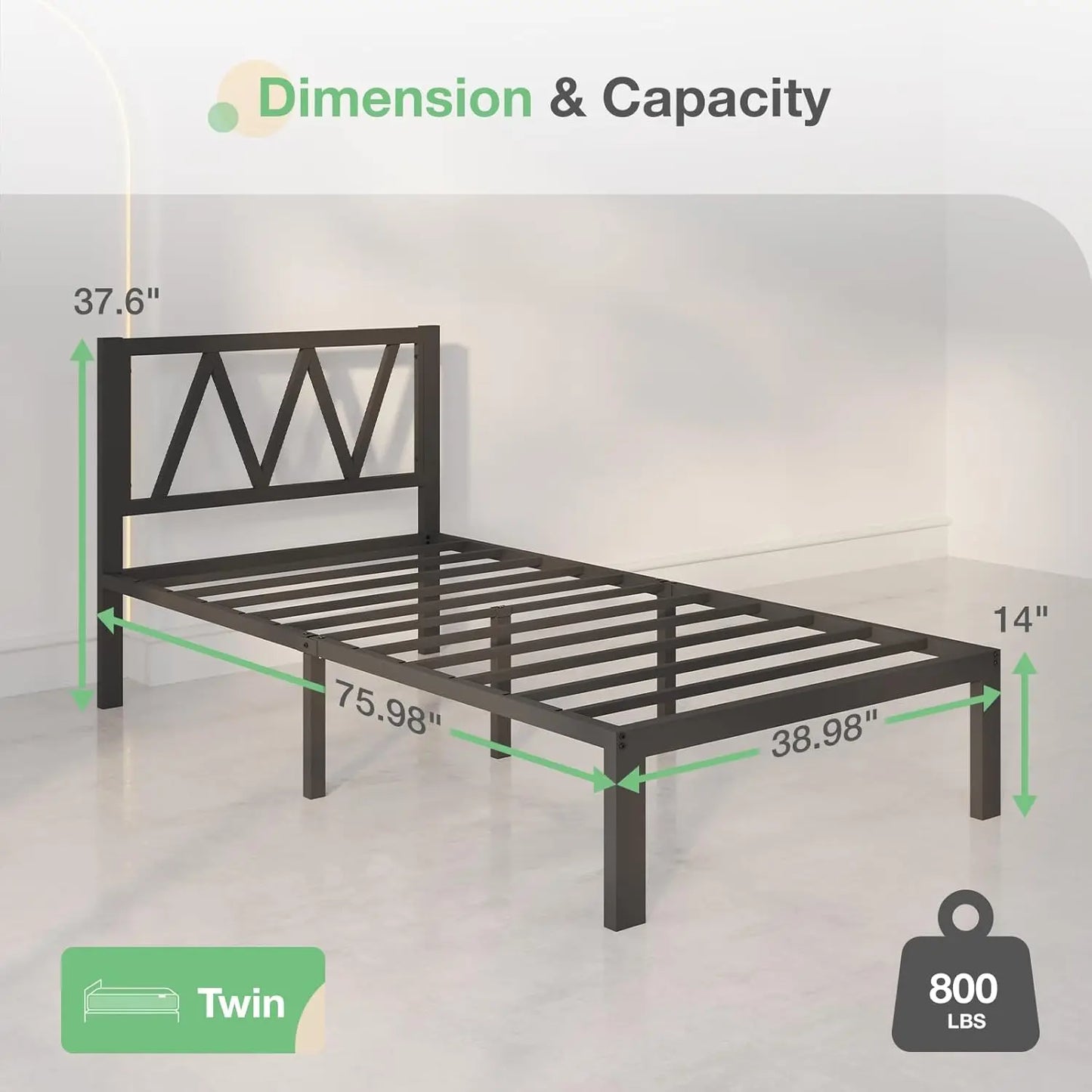 14 H Twin Bed Frame With Headboard, Metal Platform Bed Frame, Twin Size Bed Frame No Box Spring Ned, Easy Assembly, Strong Wood