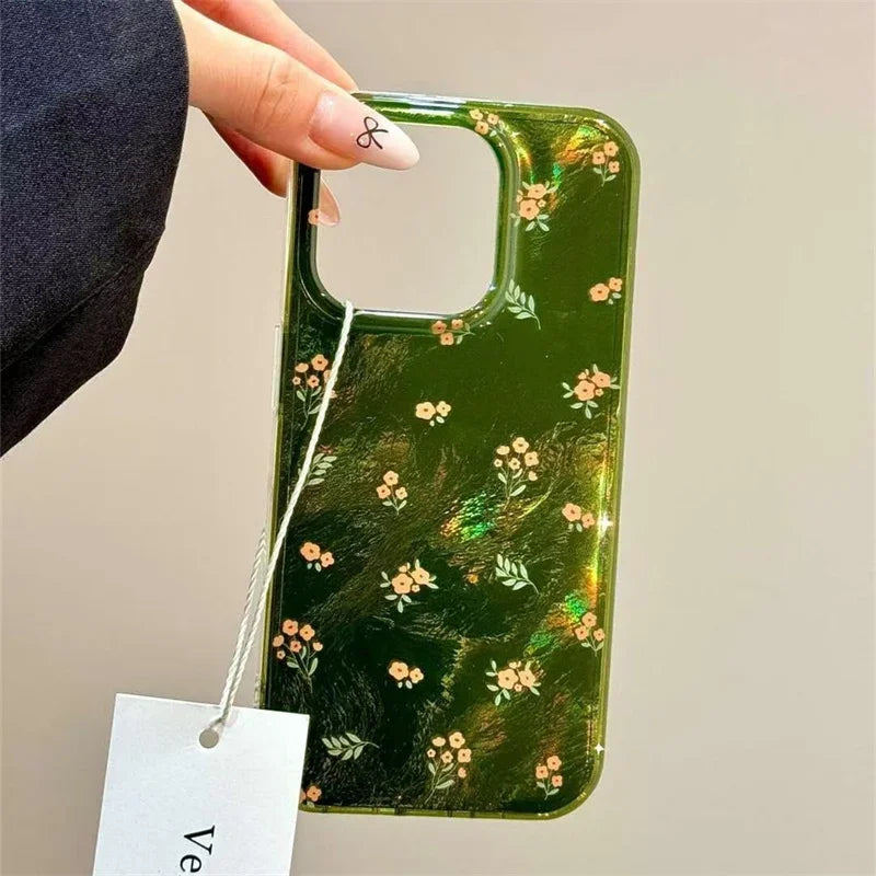 Green Small Floral Print Phone Case for IPhone 16 15 Pro Max 14 13 12 11 Pro XS XR 7 8 Plus Tinfoil Pattern Flowers Soft Cover