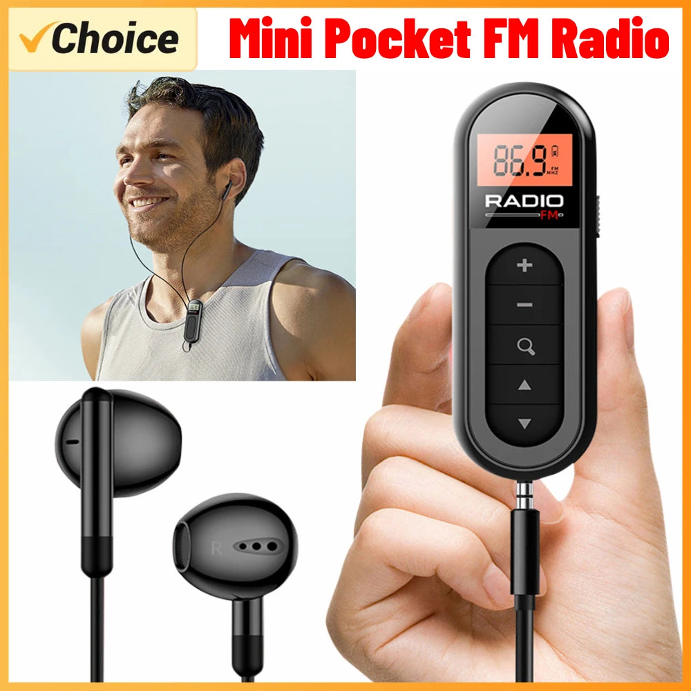 FM Radio Backlight LCD Display Mini Pocket Clip Radio with 3.5mm Headphones Personal Walkman Radio Receiver for Walk Camping