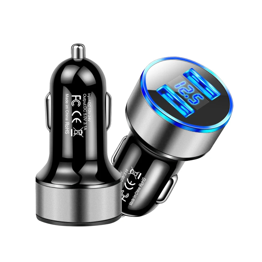 Cigarette Lighter Socket Dual USB 2 Port Car Charger Adapter 3.1A Super Fast Charging Aluminum Alloy 17.5W Voltmeter LCD Display
