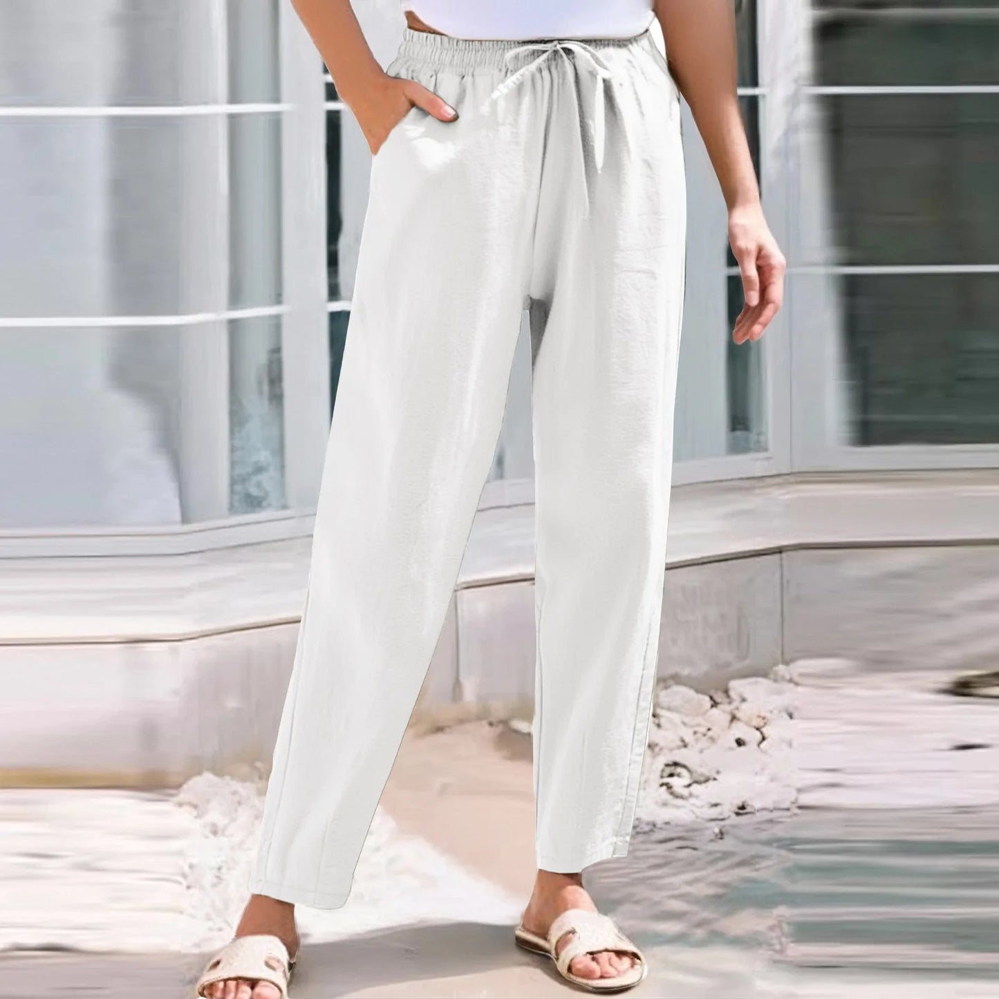 Women Cropped Pants Cotton Linen Baggy Trousers Drawstring Elastic Waist Pantalones Korean Fashion Solid Straight Pants штаны
