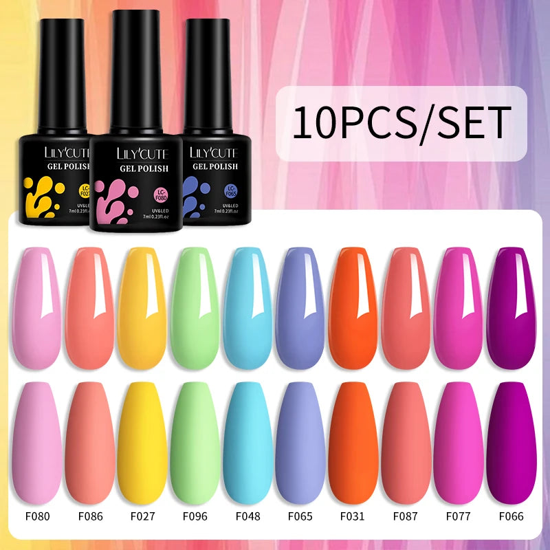 LILYCUTE 10PCS/Set Набір гель-лаків для нігтів Рожевий фіолетовий гель для нігтів Напівперманентний УФ світлодіодний лак Nail Art Design Soak Off Набір гелів для нігтів