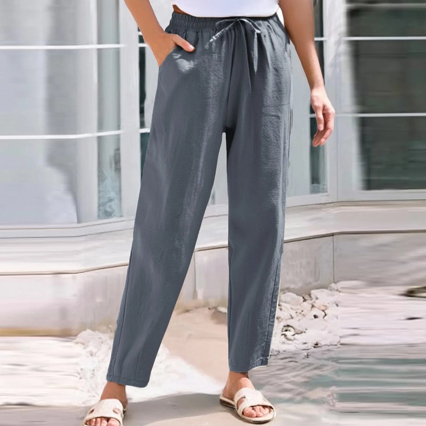 Women Cropped Pants Cotton Linen Baggy Trousers Drawstring Elastic Waist Pantalones Korean Fashion Solid Straight Pants штаны