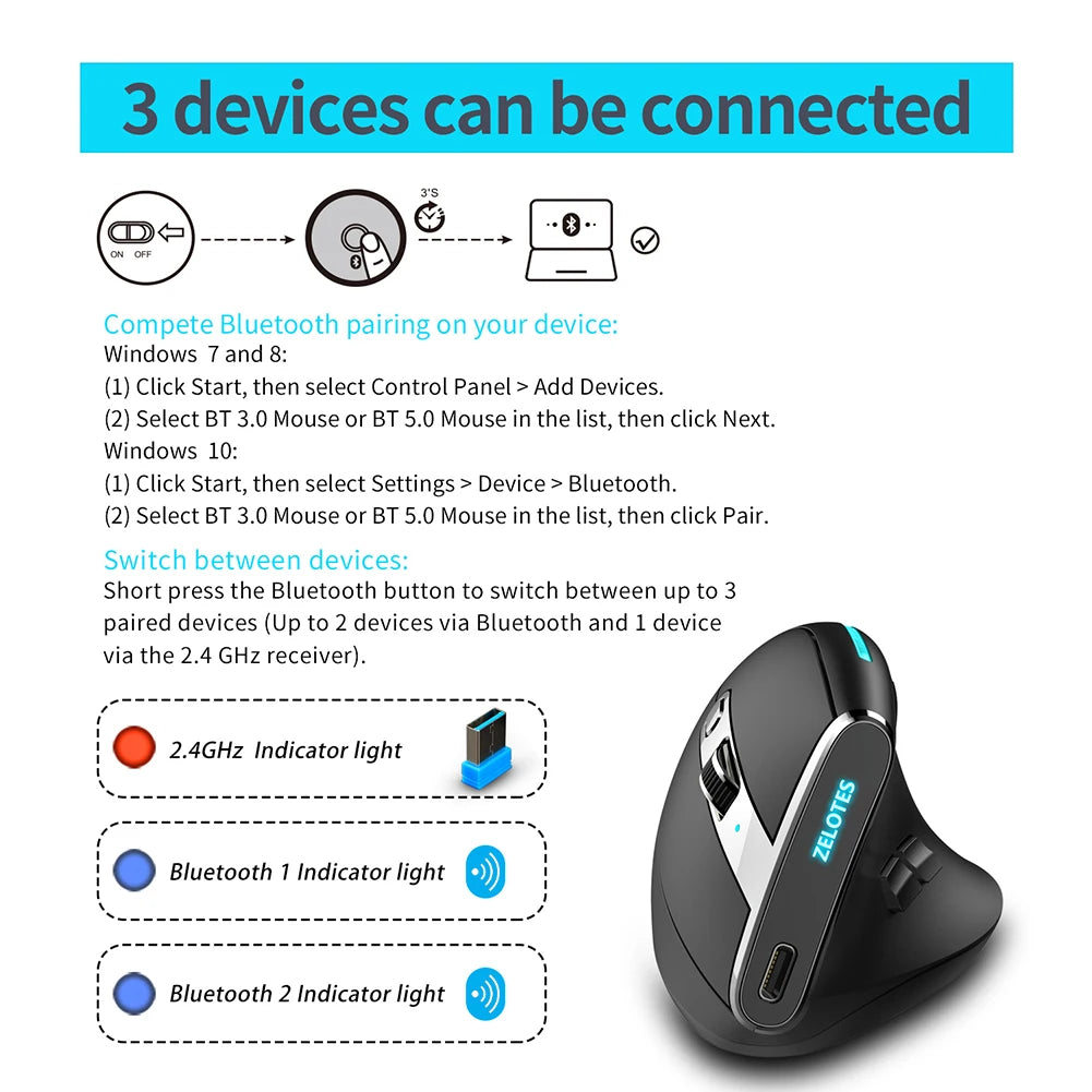 2400 DPI 8 Buttons Wireless Rechargeable Mice Professional F-36 Ergonomic Vertical Mouse for Computer Laptop Desktop