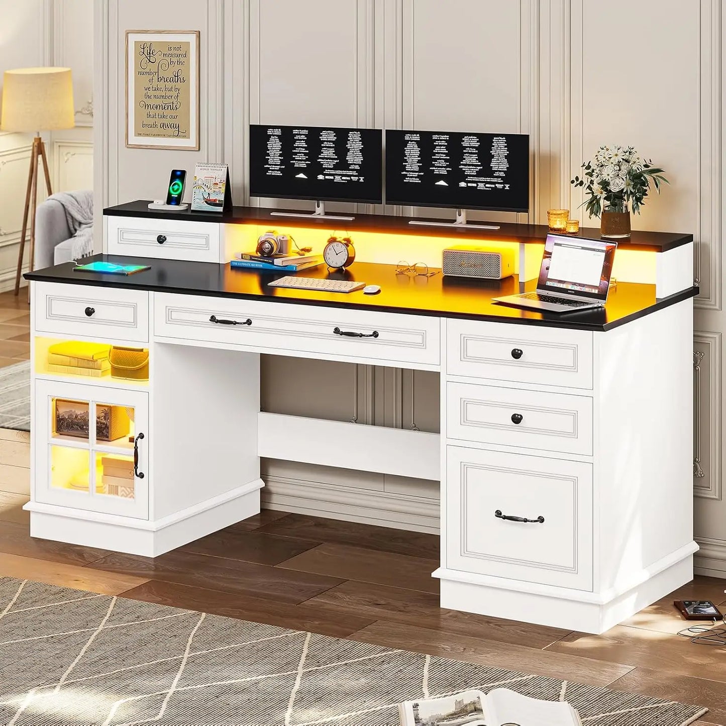 Executive Desk with File Drawer, Computer Desk with Monitor Stand, Home Office Desk with Drawers & Storage Cabinet