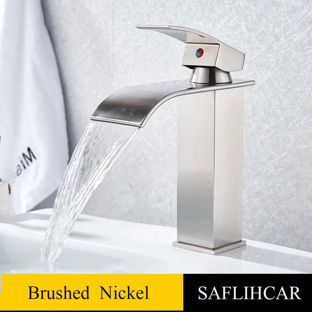 Bathroom Black Waterfall Basin Sink Faucet Brass Cold Hot Water Mixer Vanity Tap Deck Mounted Washbasin Tap