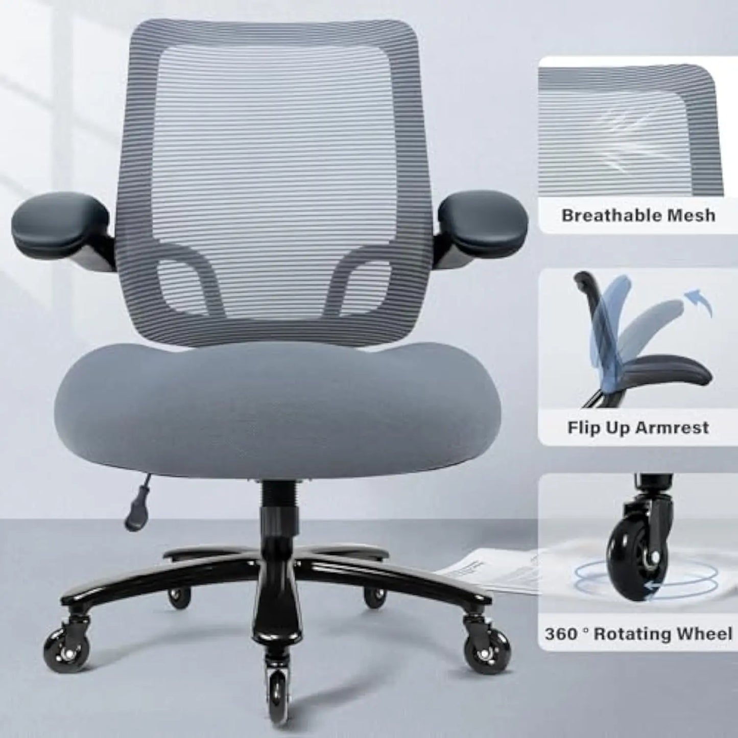 500lbs Big and Tall Office Chair - Heavy Duty Mesh Ergonomic Desk Chair, High Back Computer Chair - Flip-up Armrests, Wide Thic