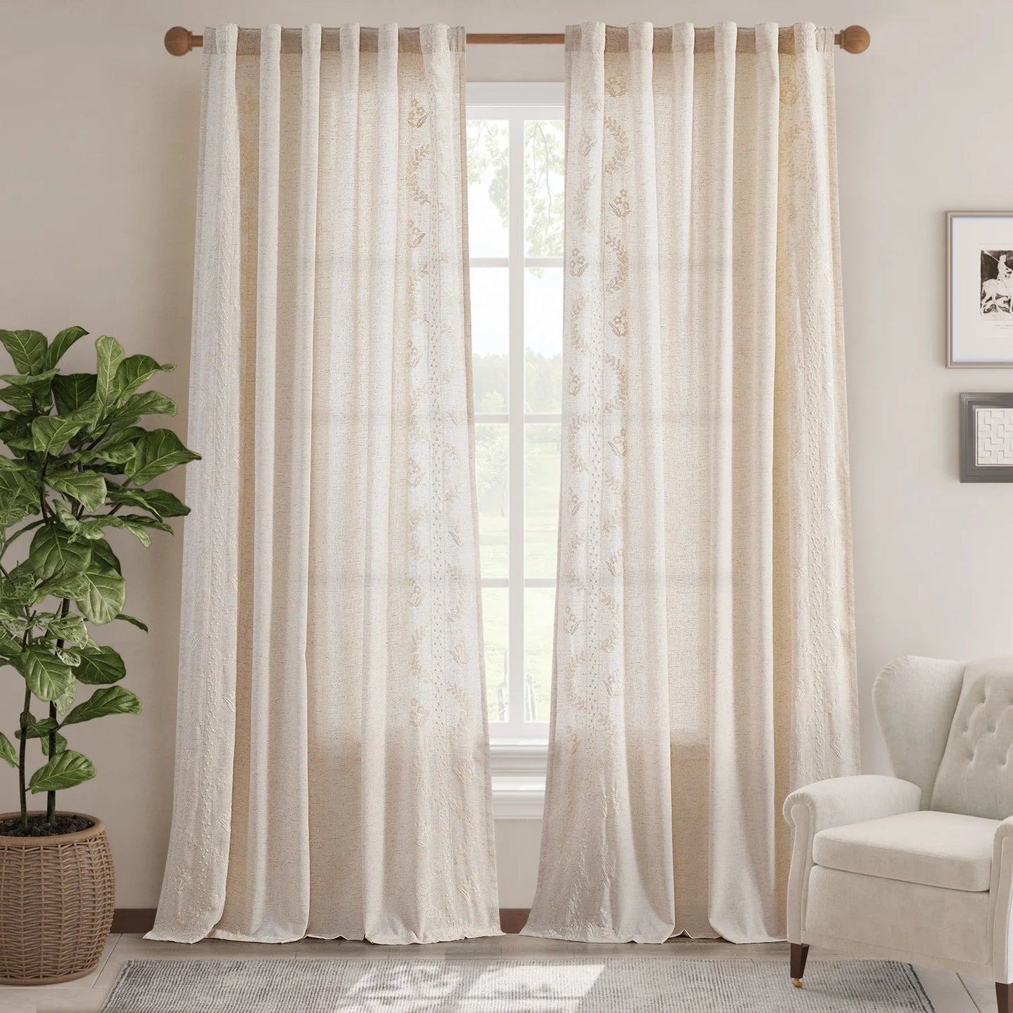 JINCHAN 2PCS Farmhouse Flower Embroidered Curtains Living Room Bedroom Light Filtering Linen Blend Window Curtain Boho Drapes