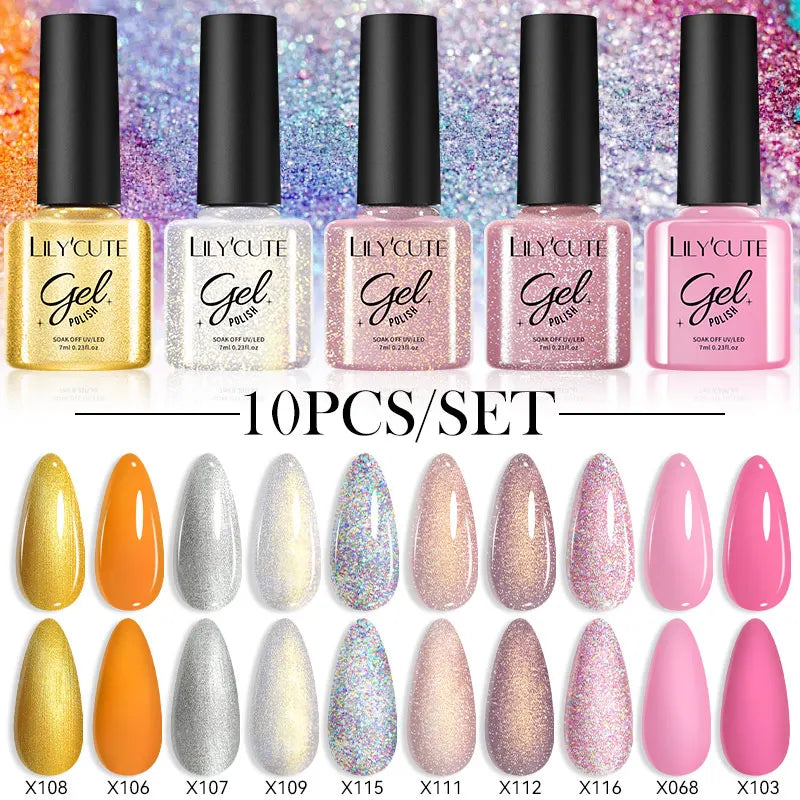 LILYCUTE 10PCS/Set Набір гель-лаків для нігтів Рожевий фіолетовий гель для нігтів Напівперманентний УФ світлодіодний лак Nail Art Design Soak Off Набір гелів для нігтів