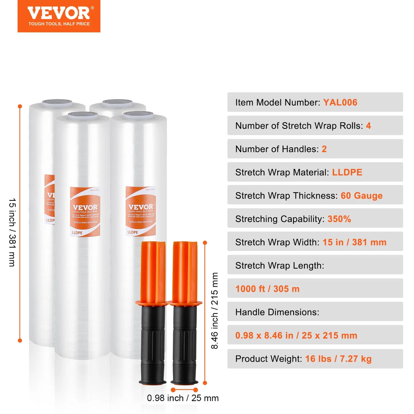 VEVOR 1/2/3/4 Packs Stretch Film 15 in Clear Shrink Film Roll Stretch Wrap with Handles for Pallet Wrapping Shipping Moving