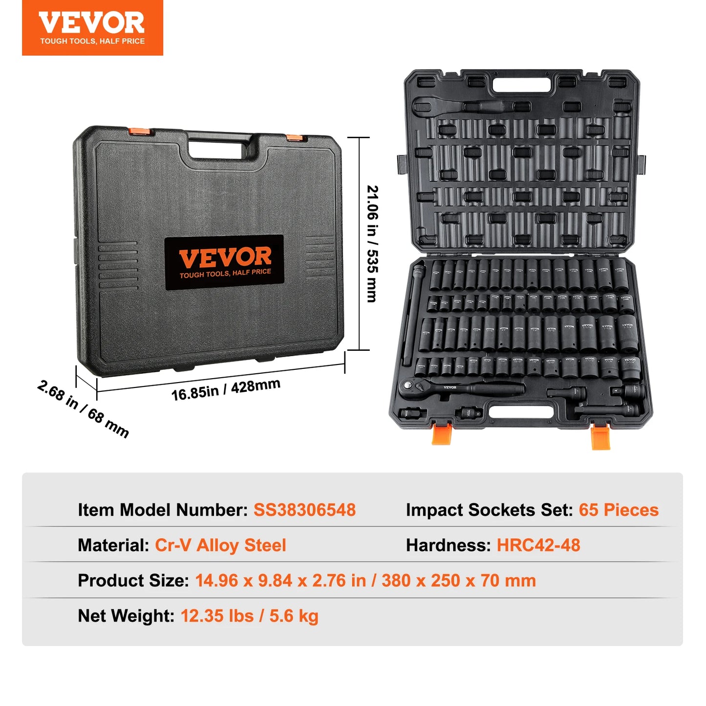 VEVOR 1/2" Drive Impact Socket Set 6 Point Cr-V Alloy Steel for Auto Repair Easy-to-Read Size Markings Rugged Construction