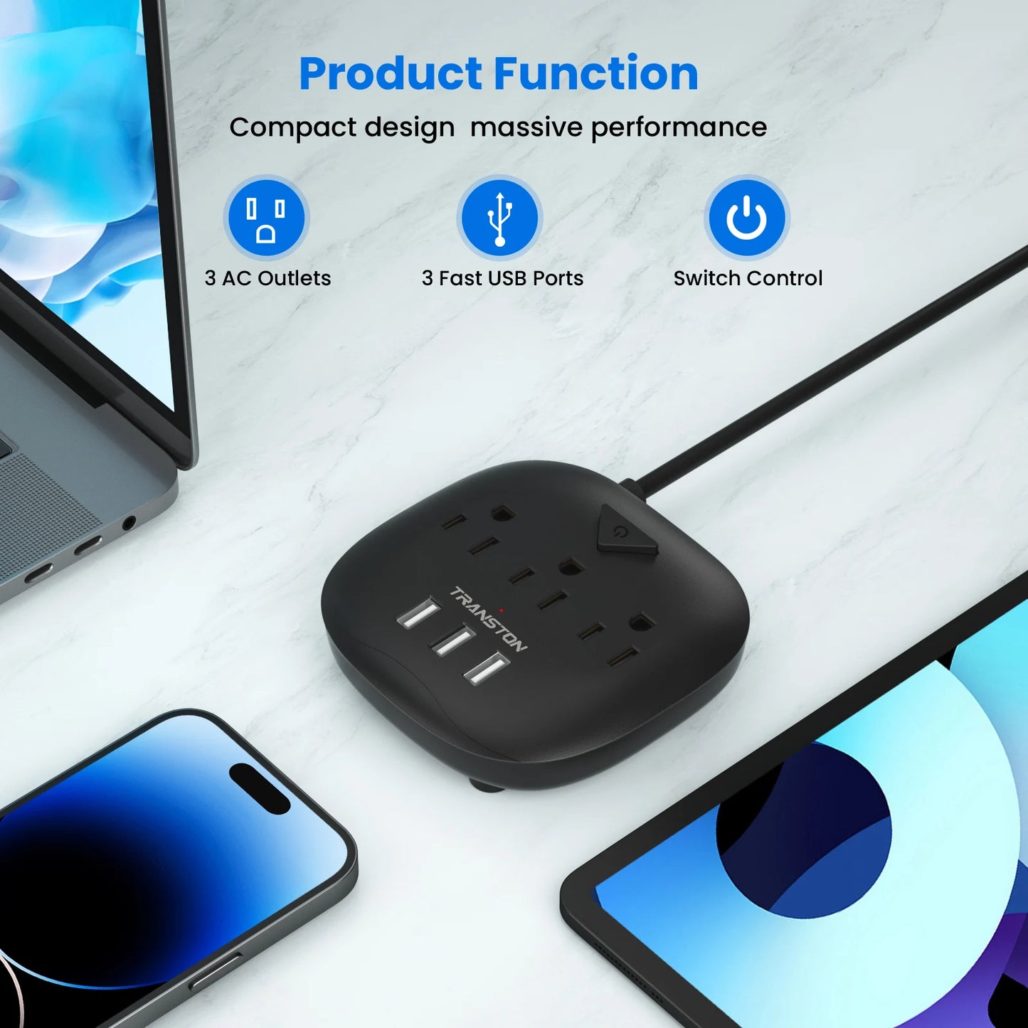 TRANSTON power strip with switch, 3 power strip , 3 USB Ports, 10ft Extension Cord, Quick Charge, Fire Resistant, For Home