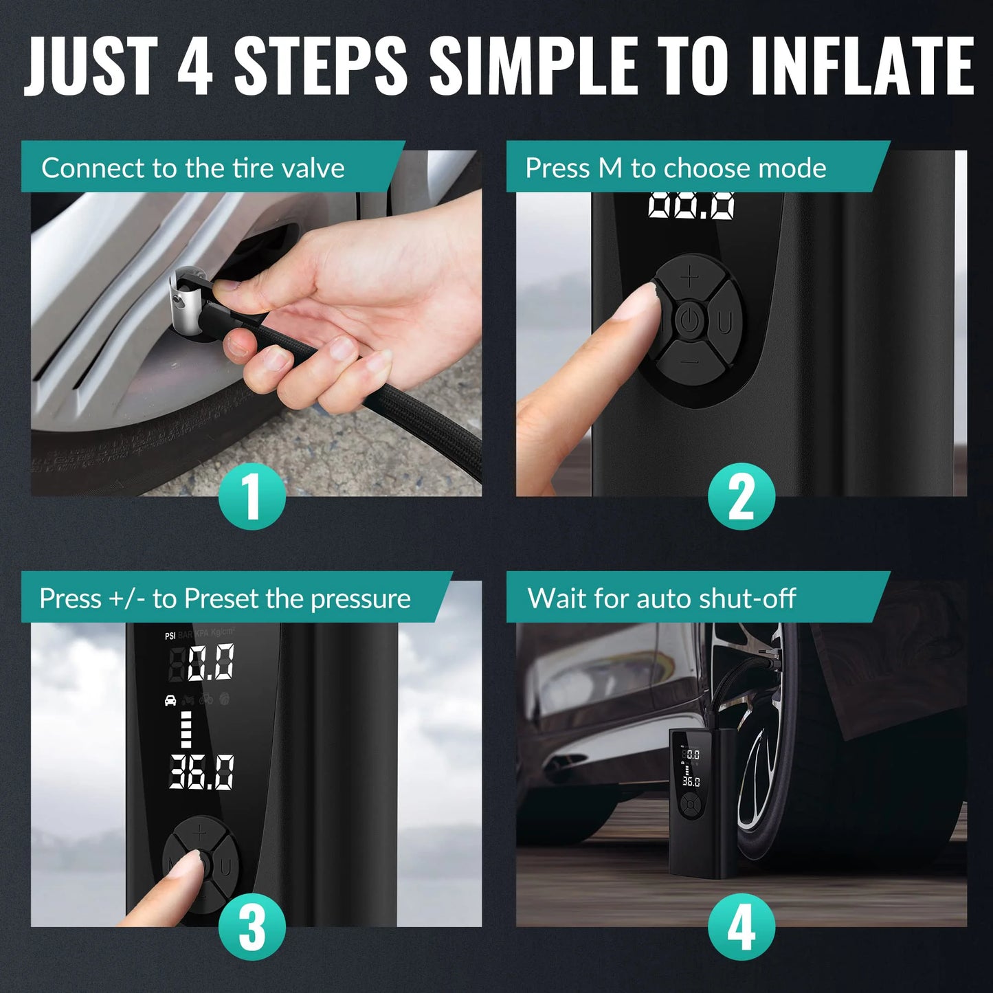 Portable Tire Inflator Air Compressor - 150 PSI Fast Inflation with Digital Display & LED Lighting