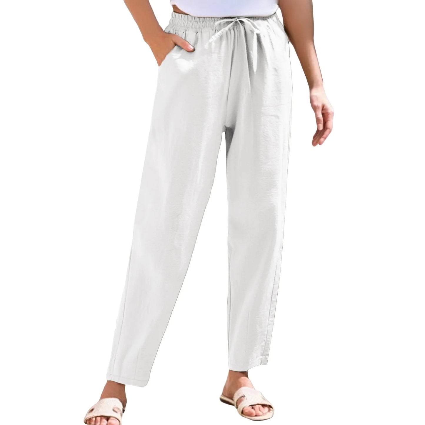 Women Cropped Pants Cotton Linen Baggy Trousers Drawstring Elastic Waist Pantalones Korean Fashion Solid Straight Pants штаны