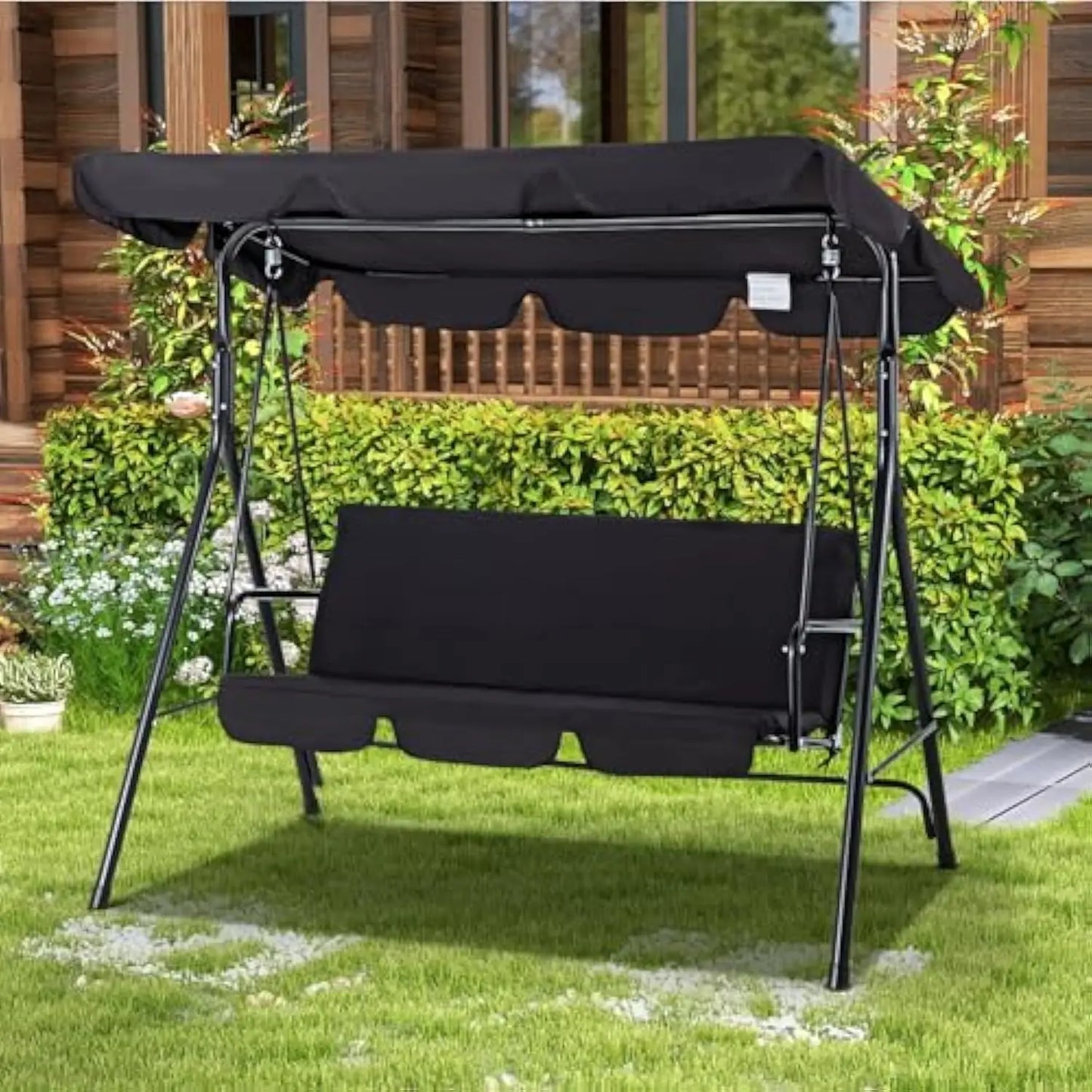 Patio Swings Outdoor, 3-Seat Glider Porch Bench with Removable Cushion and Adjustable Shade, Swing Chairs for Garden, Poolside