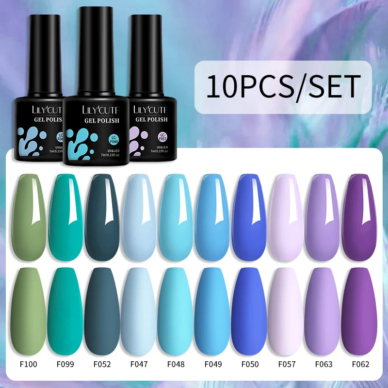 LILYCUTE 10PCS/Set Набір гель-лаків для нігтів Рожевий фіолетовий гель для нігтів Напівперманентний УФ світлодіодний лак Nail Art Design Soak Off Набір гелів для нігтів