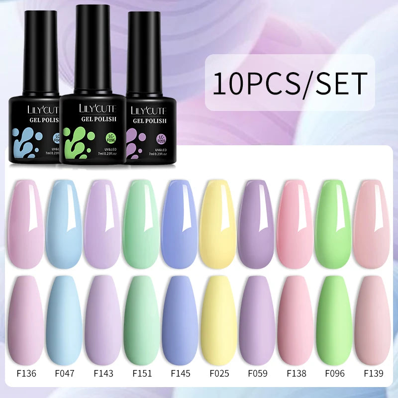 LILYCUTE 10PCS/Set Набір гель-лаків для нігтів Рожевий фіолетовий гель для нігтів Напівперманентний УФ світлодіодний лак Nail Art Design Soak Off Набір гелів для нігтів