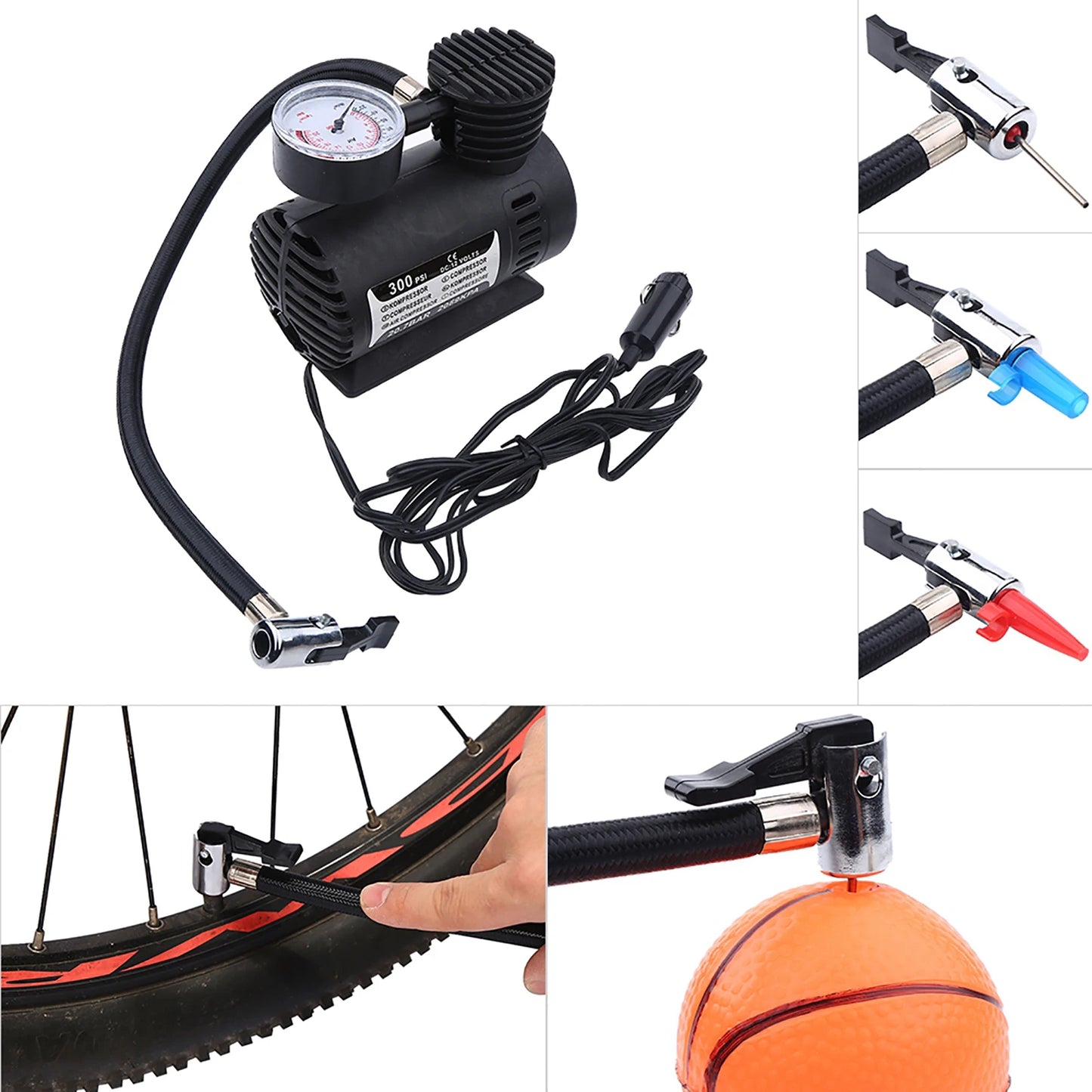 12V 300PSI Portable Mini Air Compressor Tire Infaltor Pump with Pressure Detector For Bicycles Tires Soccer Basketball Balloons