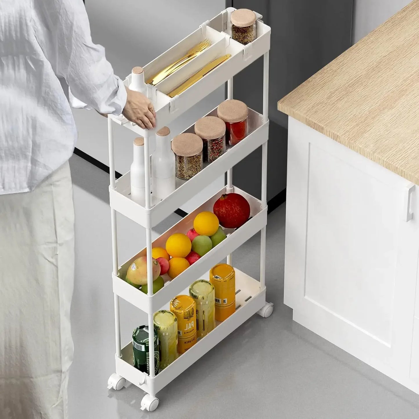 Storage Cart 4 Tier,Bathroom Organizer Rolling Utility, Mobile Shelving Unit Slide Out for Office, Kitchen, Laundry Room