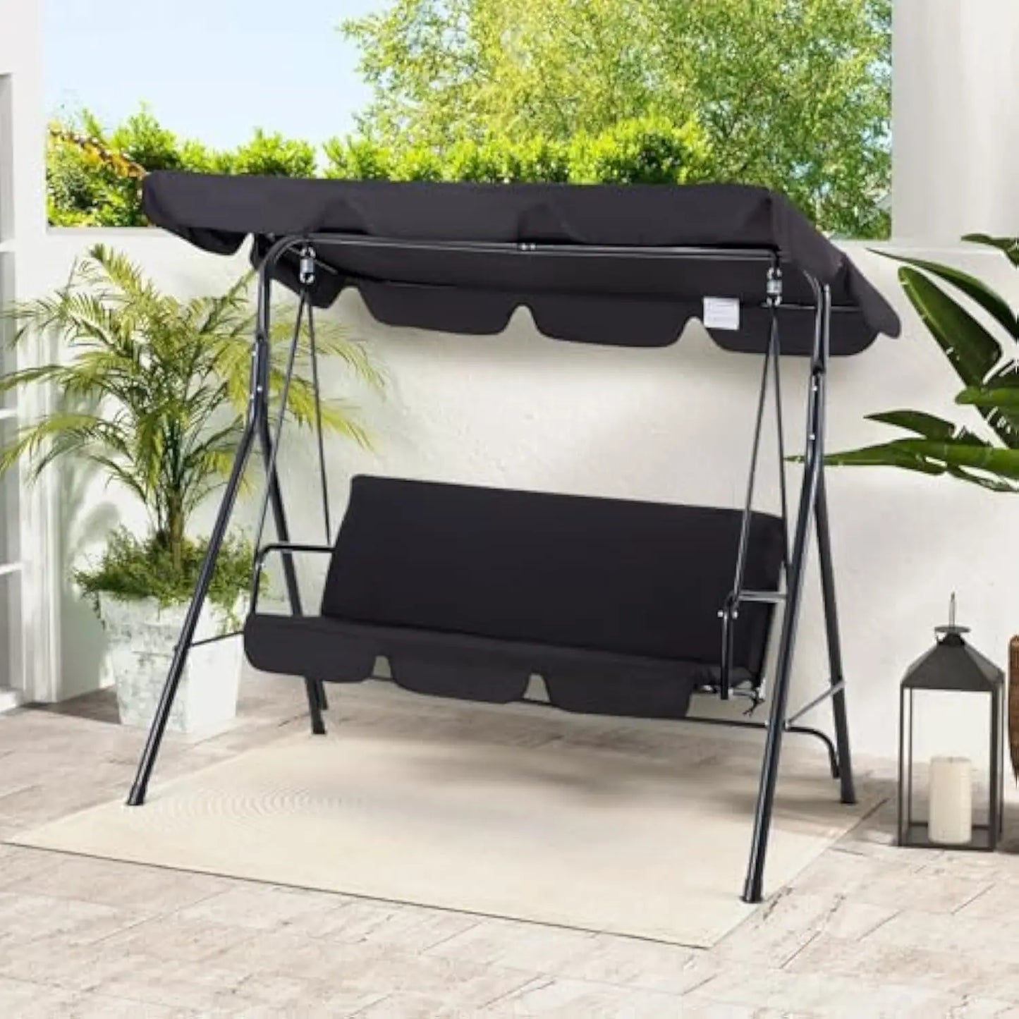 Patio Swings Outdoor, 3-Seat Glider Porch Bench with Removable Cushion and Adjustable Shade, Swing Chairs for Garden, Poolside