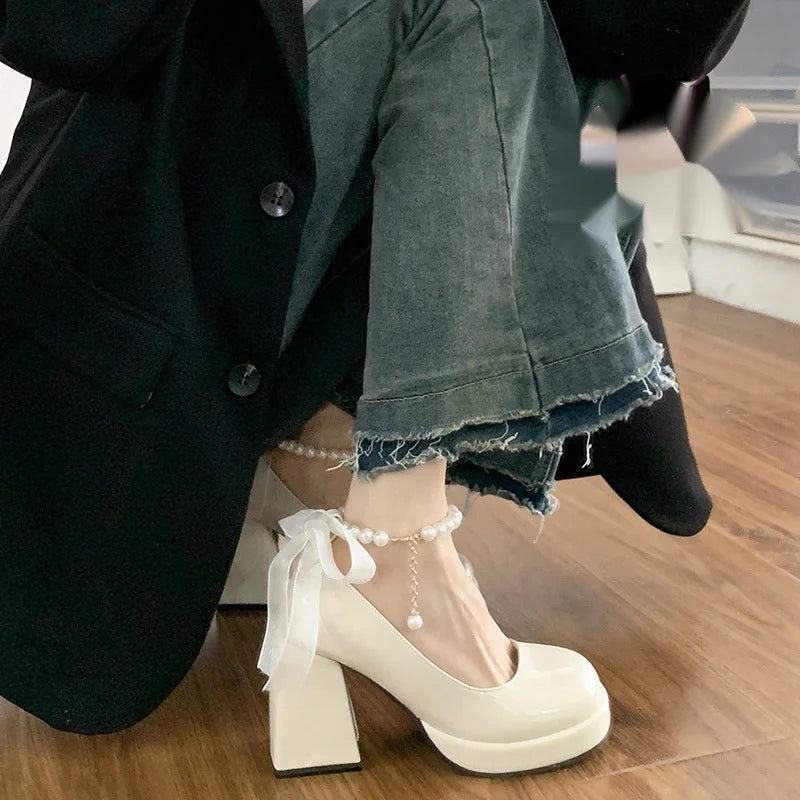 Oulylan Women High Heels Elegant Bow Square Toe Black Fashion Pumps Thick Heel Wedding Party Pearl Lace Wedding Shoes Ladies