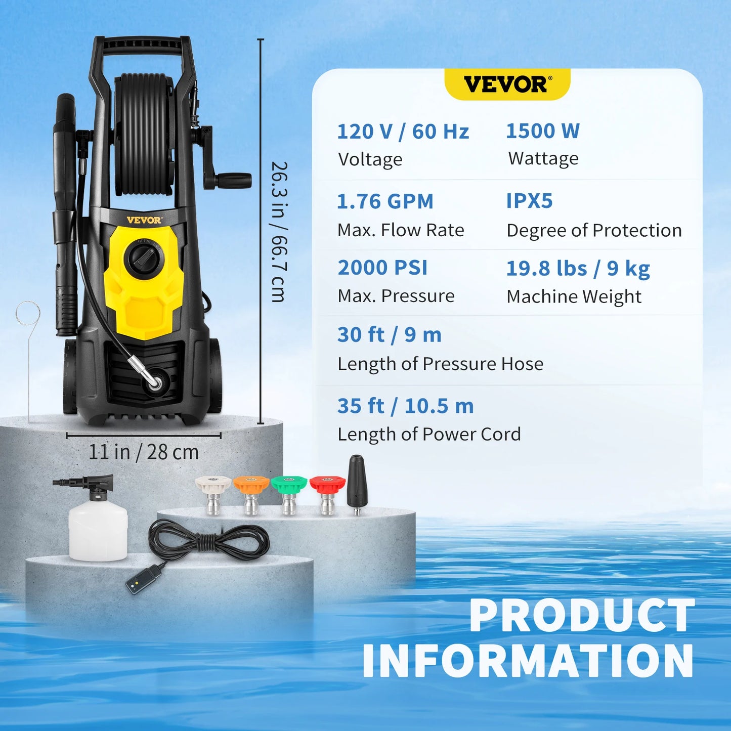VEVOR Electric Pressure Washer Power Washer Quick Connect Nozzles Foam Cannon Retractable Handle for Portable to Clean Patios