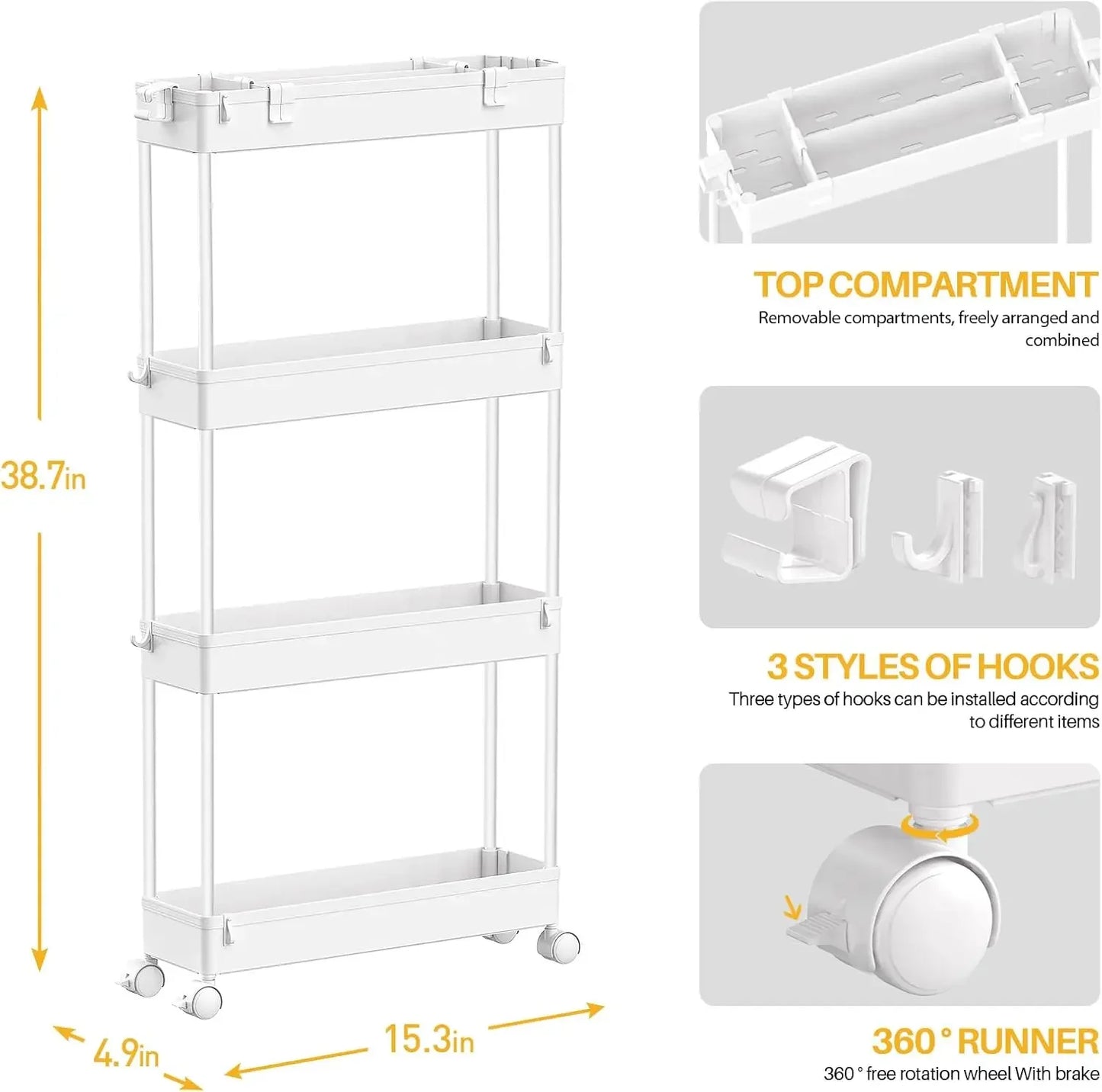Storage Cart 4 Tier,Bathroom Organizer Rolling Utility, Mobile Shelving Unit Slide Out for Office, Kitchen, Laundry Room