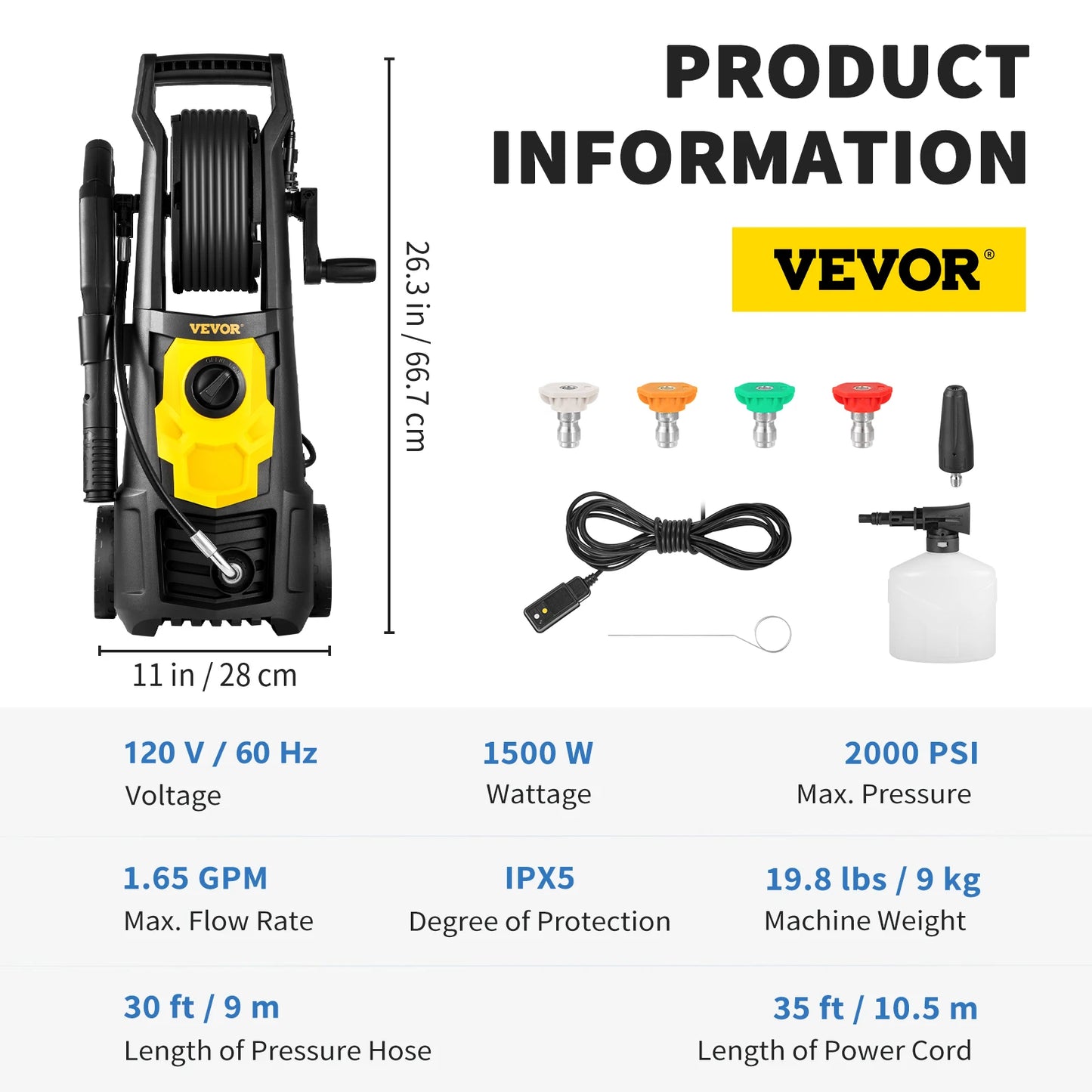 VEVOR Electric Pressure Washer Power Washer Quick Connect Nozzles Foam Cannon Retractable Handle for Portable to Clean Patios
