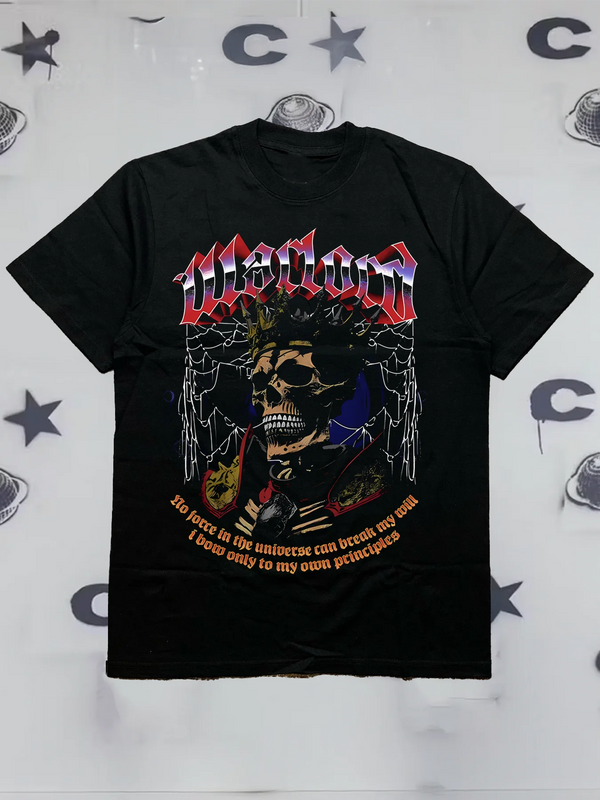 200g Cotton Men's Crew-Neck Short-Sleeve T-Shirt with Skull Trendy Print