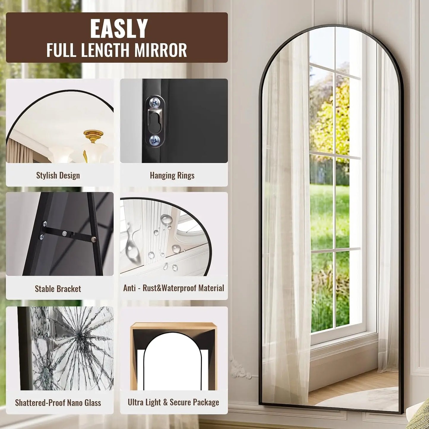 Modern Arched Full-Length Mirror, 71"x26" Arched Floor Mirror with Stand, Wall-Mounted Mirror for Bathroom, Dressing Room - Hang
