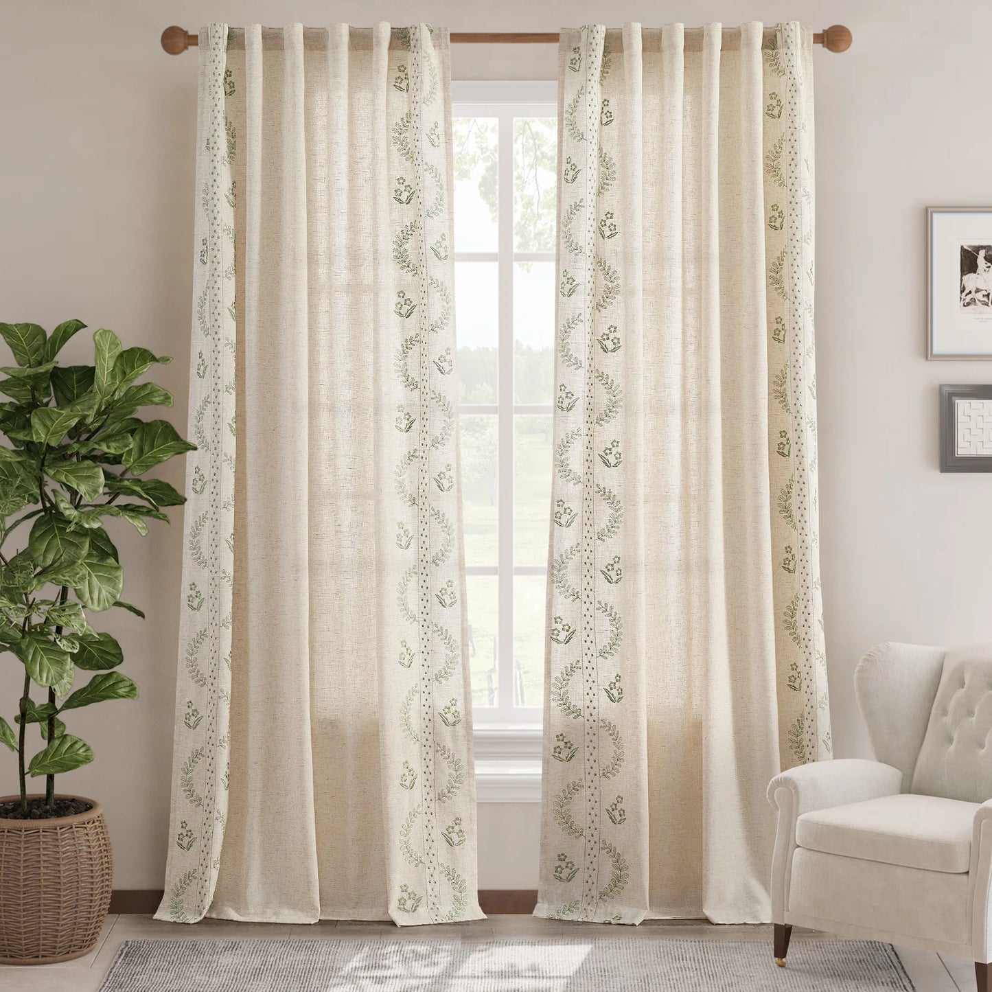 JINCHAN 2PCS Farmhouse Flower Embroidered Curtains Living Room Bedroom Light Filtering Linen Blend Window Curtain Boho Drapes
