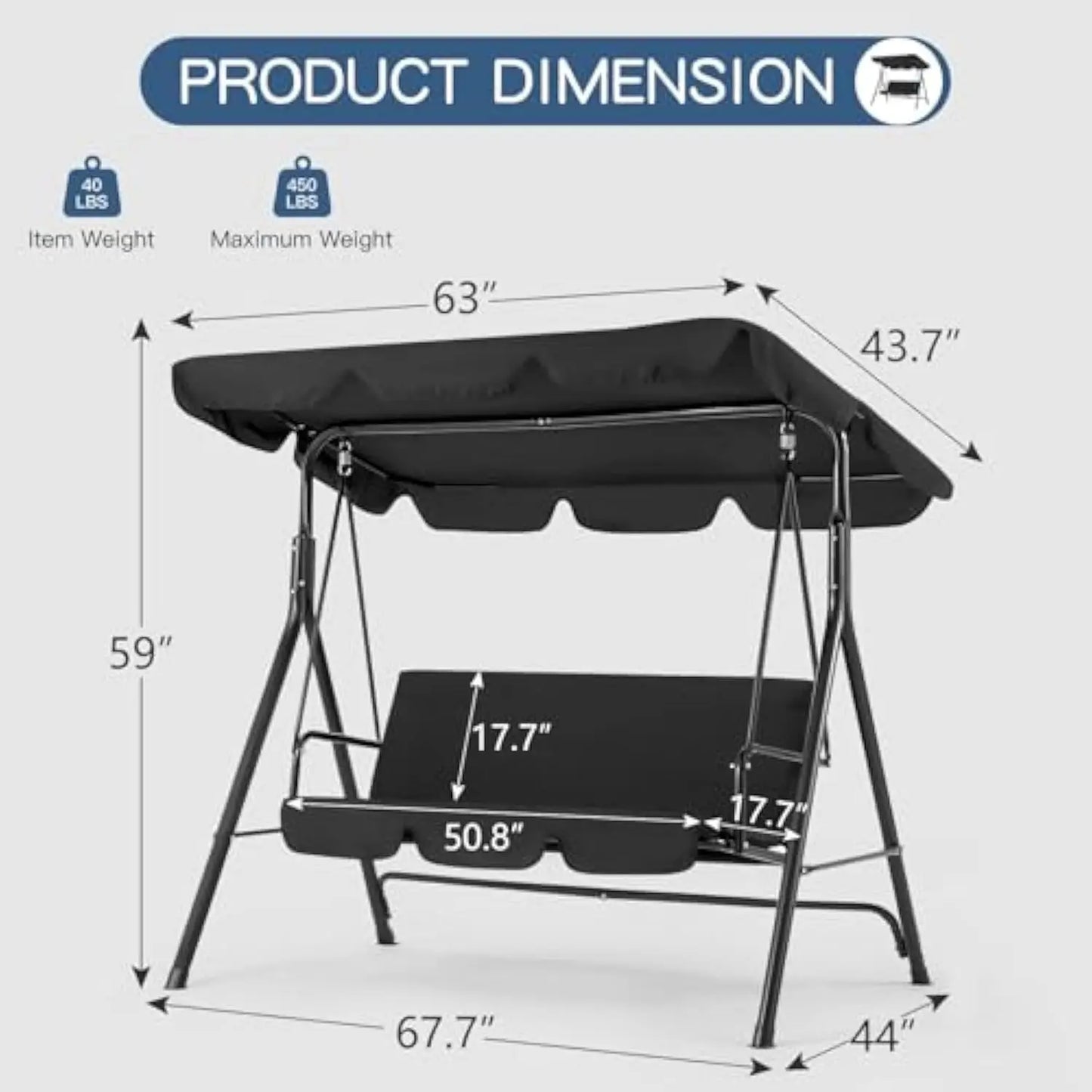 Patio Swings Outdoor, 3-Seat Glider Porch Bench with Removable Cushion and Adjustable Shade, Swing Chairs for Garden, Poolside