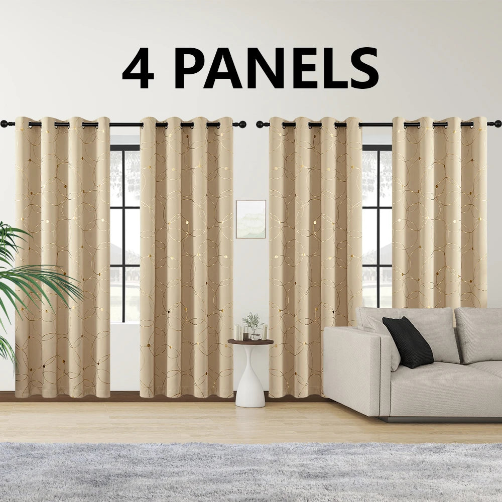 4PCSBlackout Curtains Grommet Thermal Insulated Room Darkening With Circle And Dots Foil Printed For Bedroom