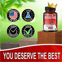 Berberine supplement featuring certifications like Lab Tested and cGMP Certified, highlighting natural ingredients and USA formulation.
