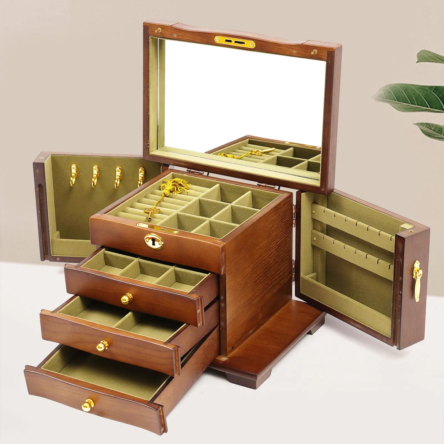 Retro Wooden Jewelry Box with 4 Tiers, Key Lock, Magnetic Doors, Velvet Lining, and Mirror for Secure and Organized Jewelry