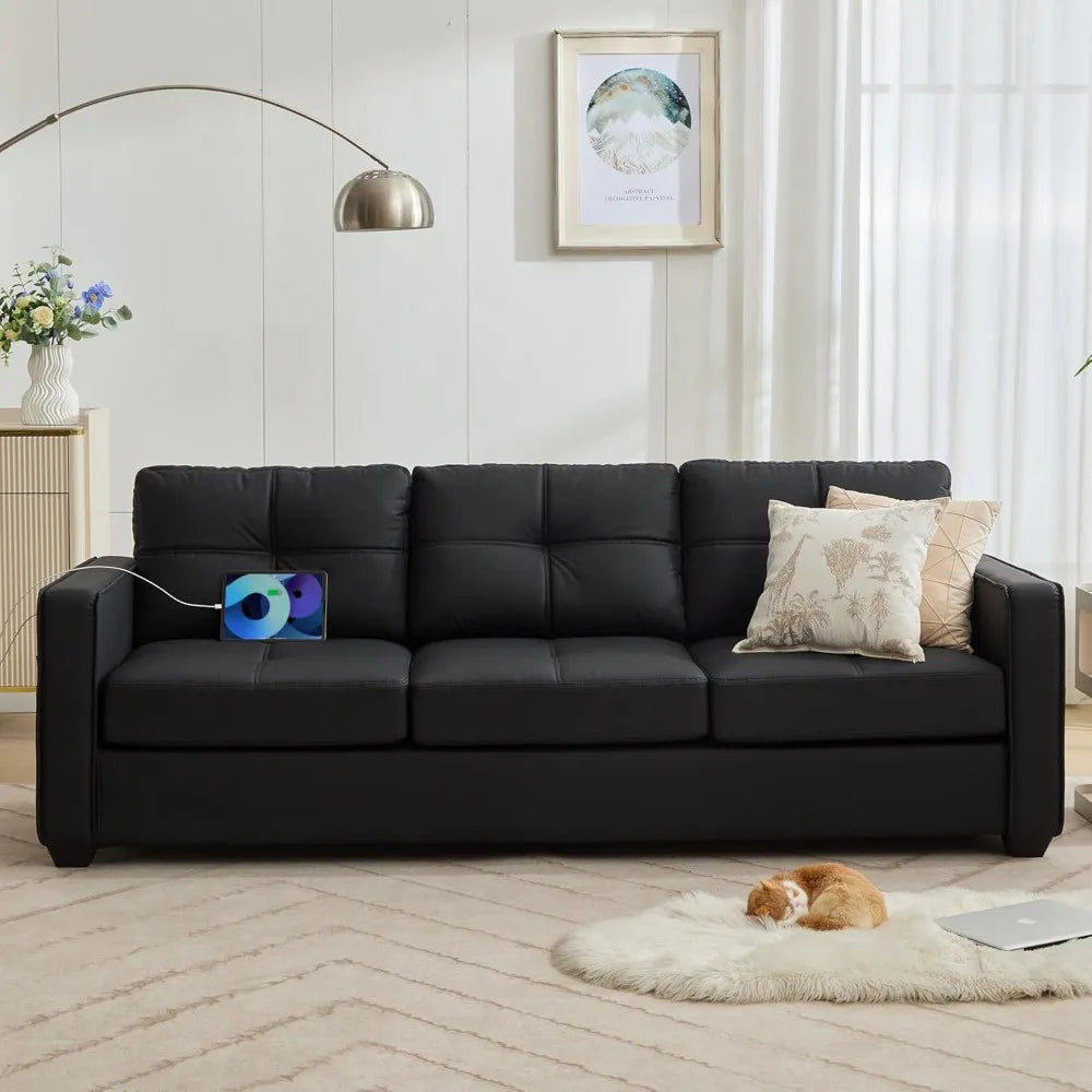 Faux Leater Sofa Couch Sectional Couches for Living Room, 88" Comfy Tufted Upholstery Sofas with USB & Type C Charger, Home 3 S