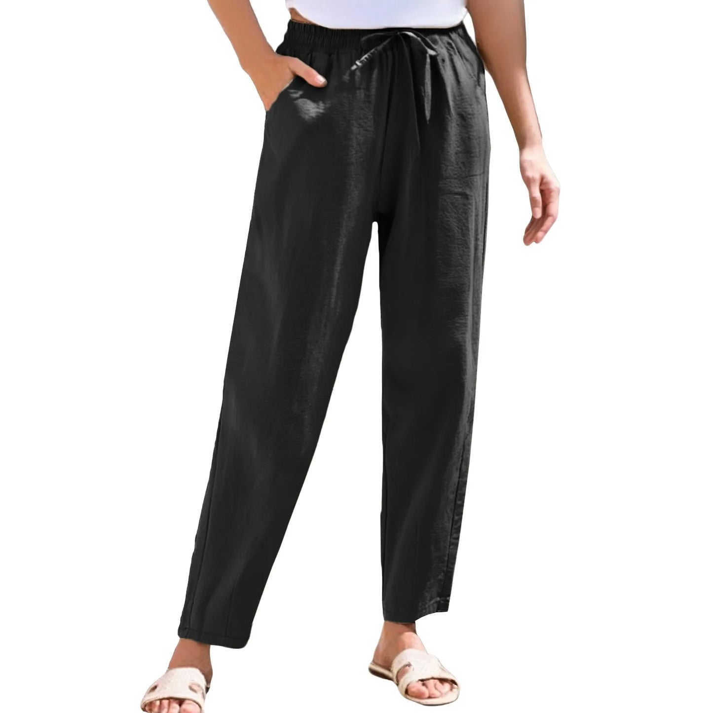 Women Cropped Pants Cotton Linen Baggy Trousers Drawstring Elastic Waist Pantalones Korean Fashion Solid Straight Pants штаны