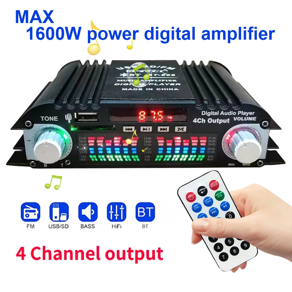1600W Peak Power Karaoke Player Remote Control Bluetooth-Compatible Home Car Power Amplifier FM USB Mini HIFI Digital Stereo Amp