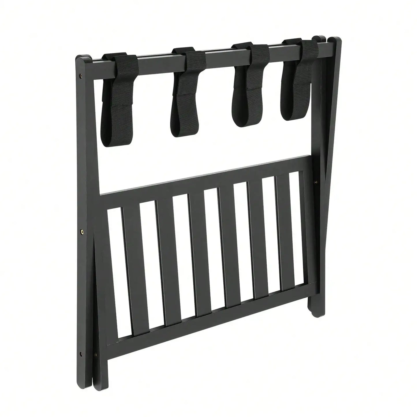 Black Luggage Rack, Upgraded Bamboo Foldable Suitcase Stand with 4 Nylon Straps, Luggage Holder with Shelf for Bedroom Hotel