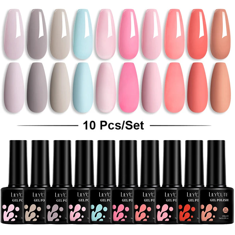 LILYCUTE 10PCS/Set Набір гель-лаків для нігтів Рожевий фіолетовий гель для нігтів Напівперманентний УФ світлодіодний лак Nail Art Design Soak Off Набір гелів для нігтів