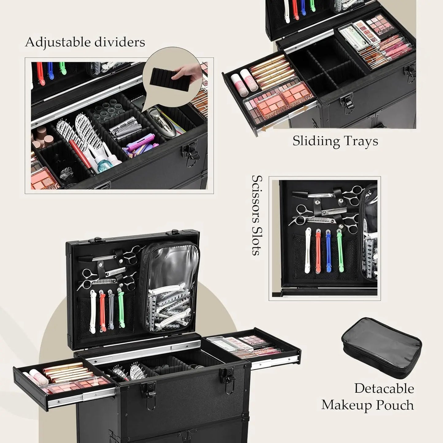 Professional Rolling Makeup Case 4 Drawers Artist Cosmetic Train Case Hairstylist Travel Case Portable Station
