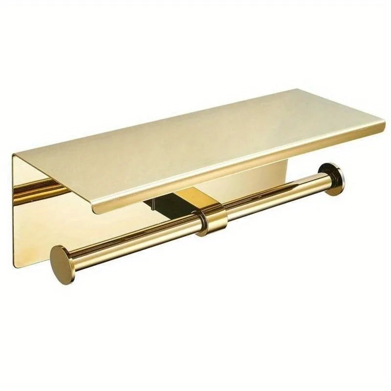 Wall Mounted 304 Stainless Steel Toilet Roll Paper Holder with Shelf, Double Roll Tissue Paper Holder
