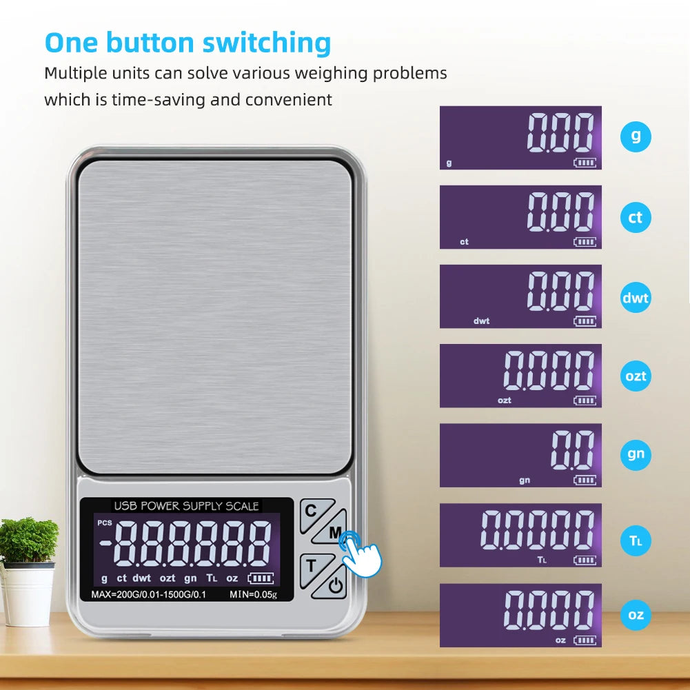High Precision Jewelry Scale 1000g/600g/200gX0.01g Digital LCD Count Electronic Scale Stainless Pocket Kitchen Scales USB Charge